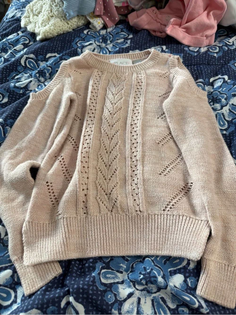 Children’s Place Girls' Cream Pink Cable Cold-Shoulder Sweater